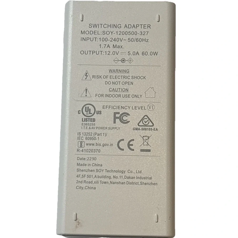 Shenzhen Soy 1200500-327 AC Adapter – 12V‎ 5A Power Supply 60W OEM